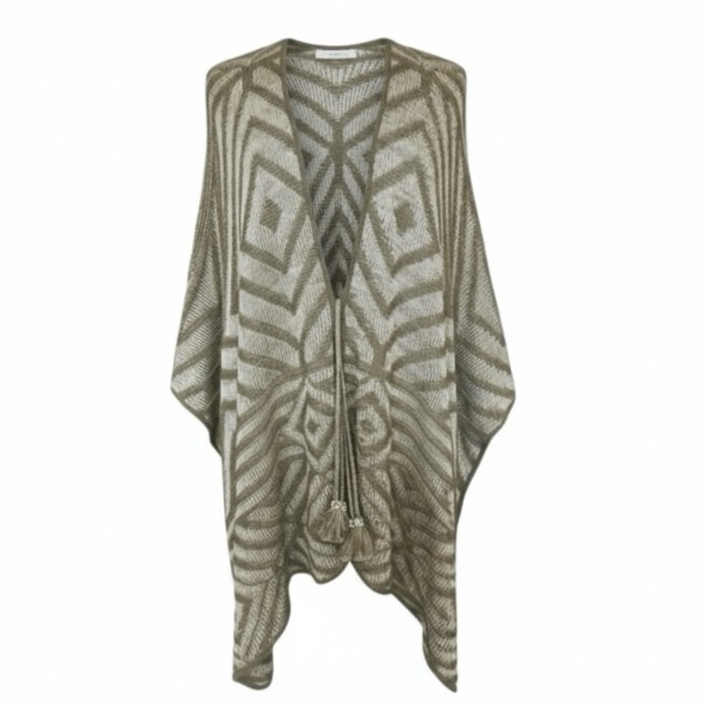 Calypso St. Barth Beige and Olive Green Geometric Print Knit Poncho Cape Size OS